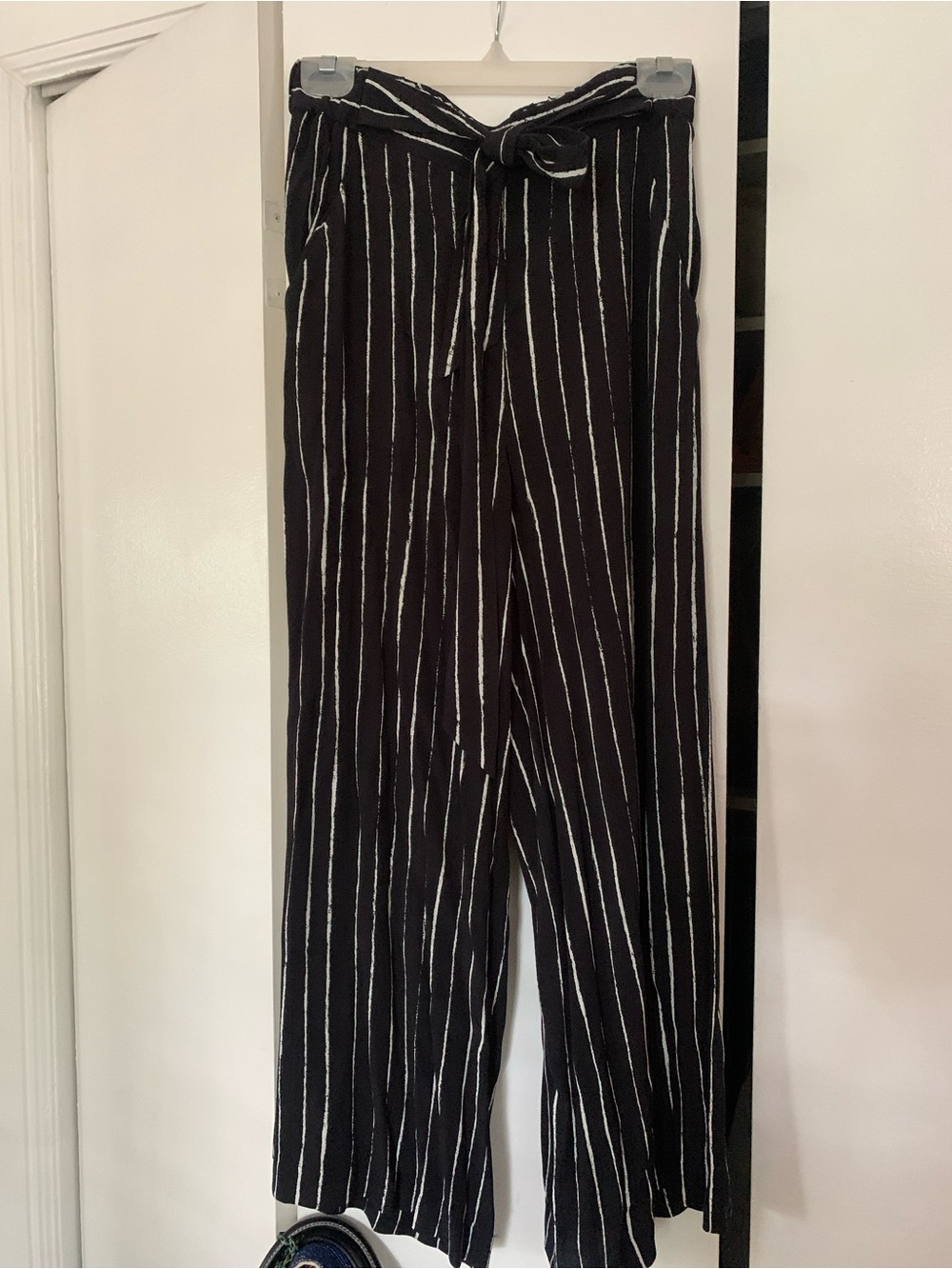 Wilfred Black Pants with White Pinstripes and Tie Waist